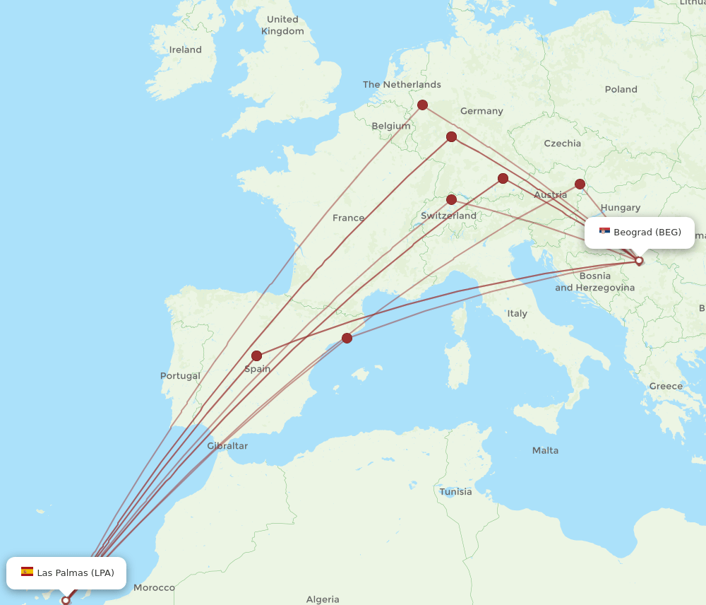 BEG-LPA flight routes