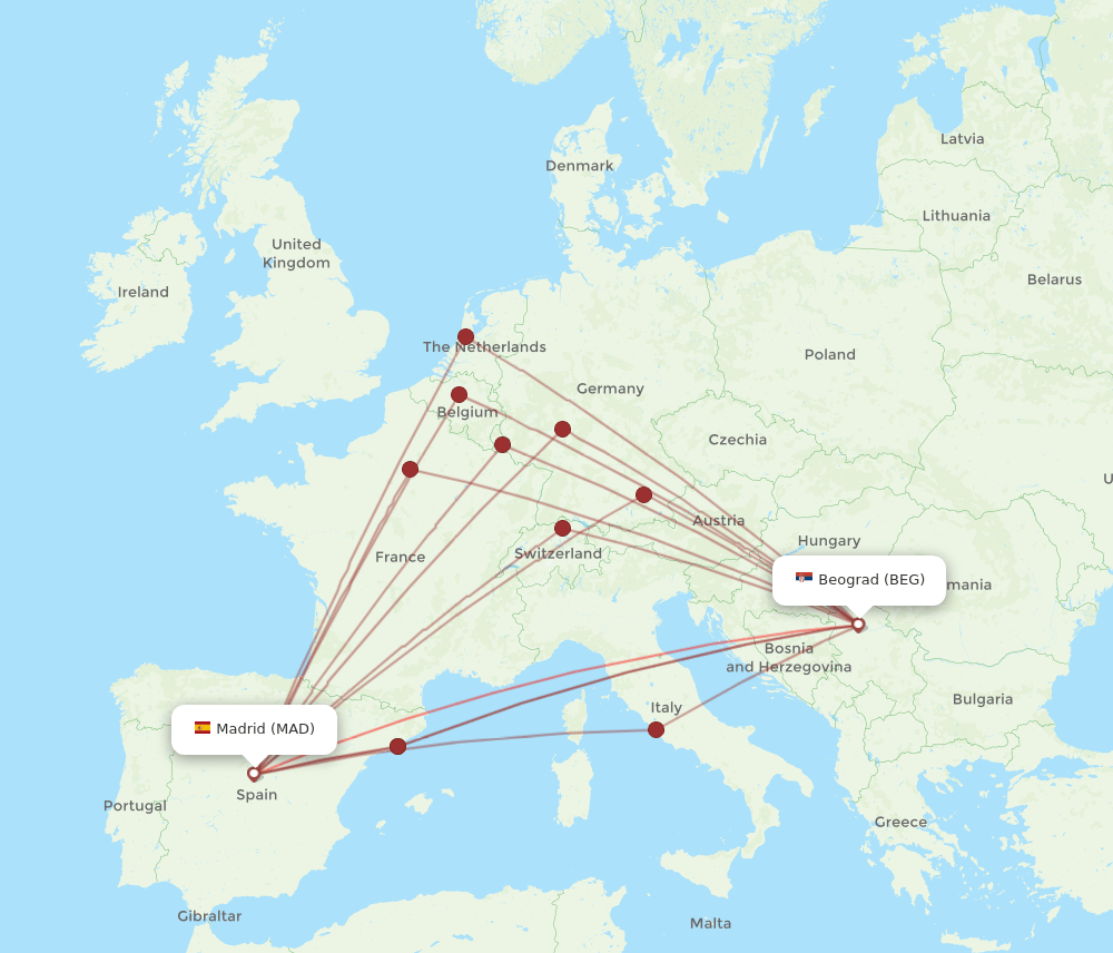 BEG-MAD flight routes