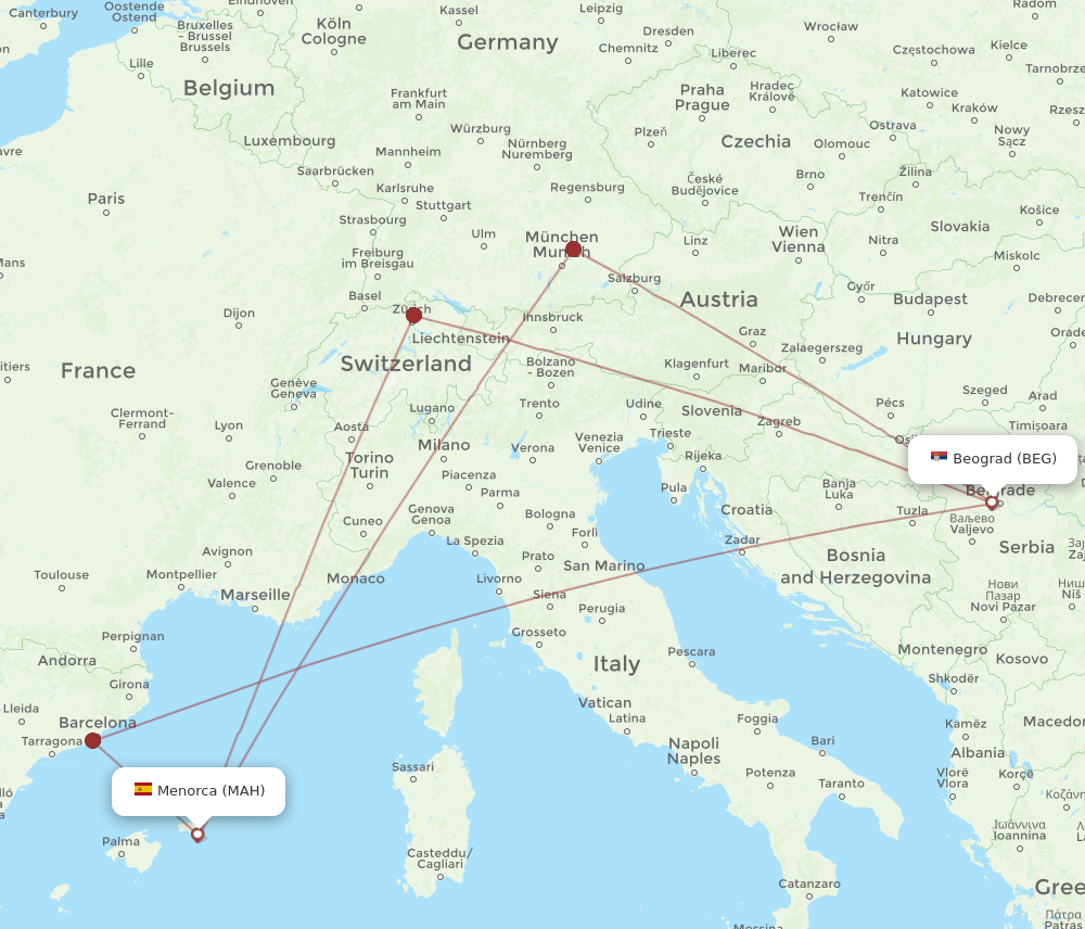 BEG to MAH flights and routes map
