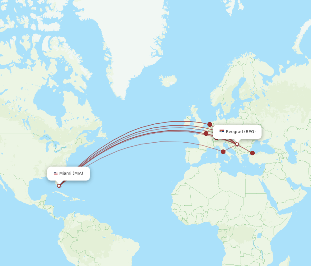 BEG-MIA flight routes