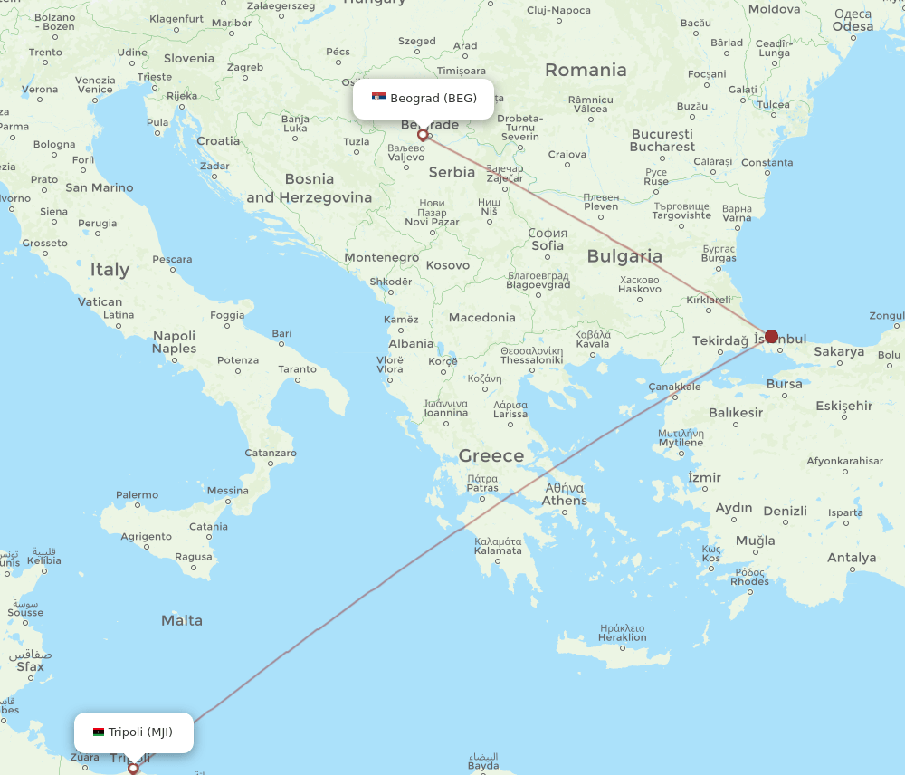 BEG-MJI flight routes