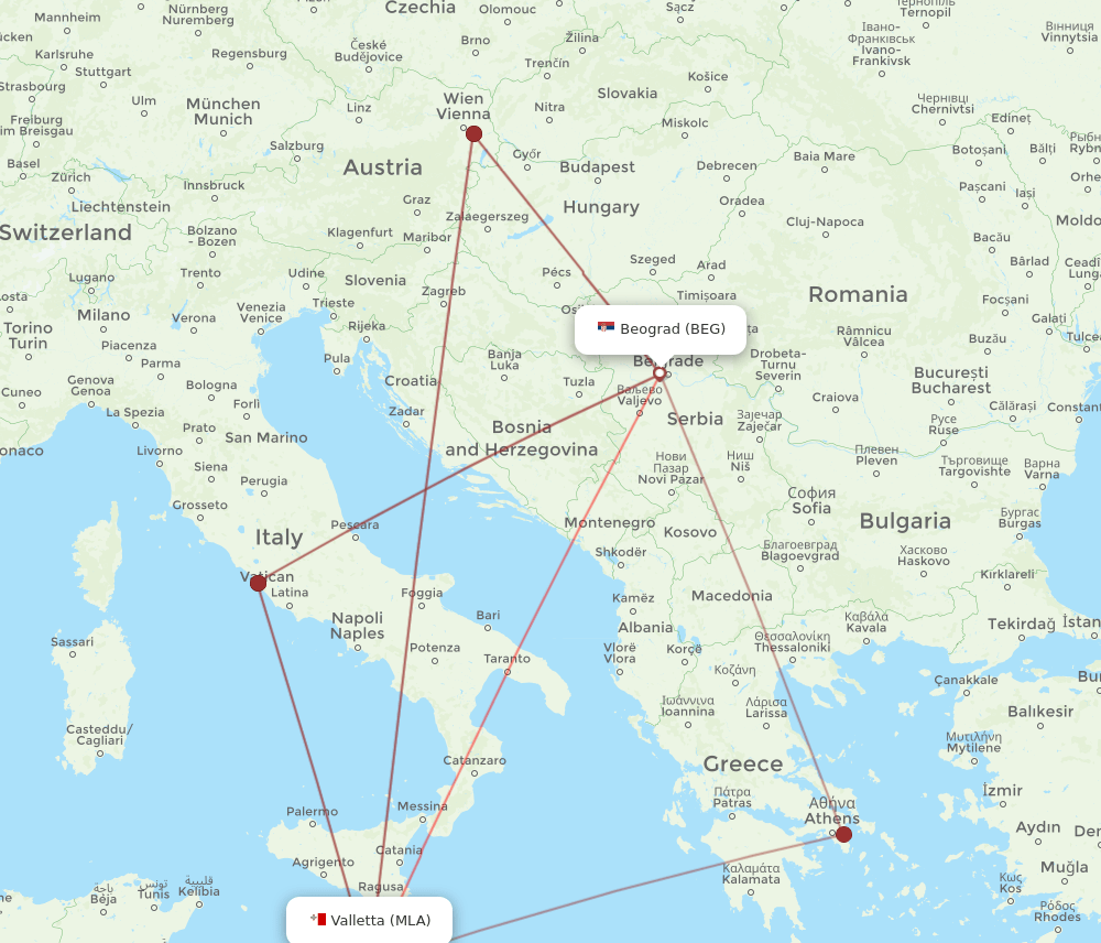 BEG to MLA flights and routes map