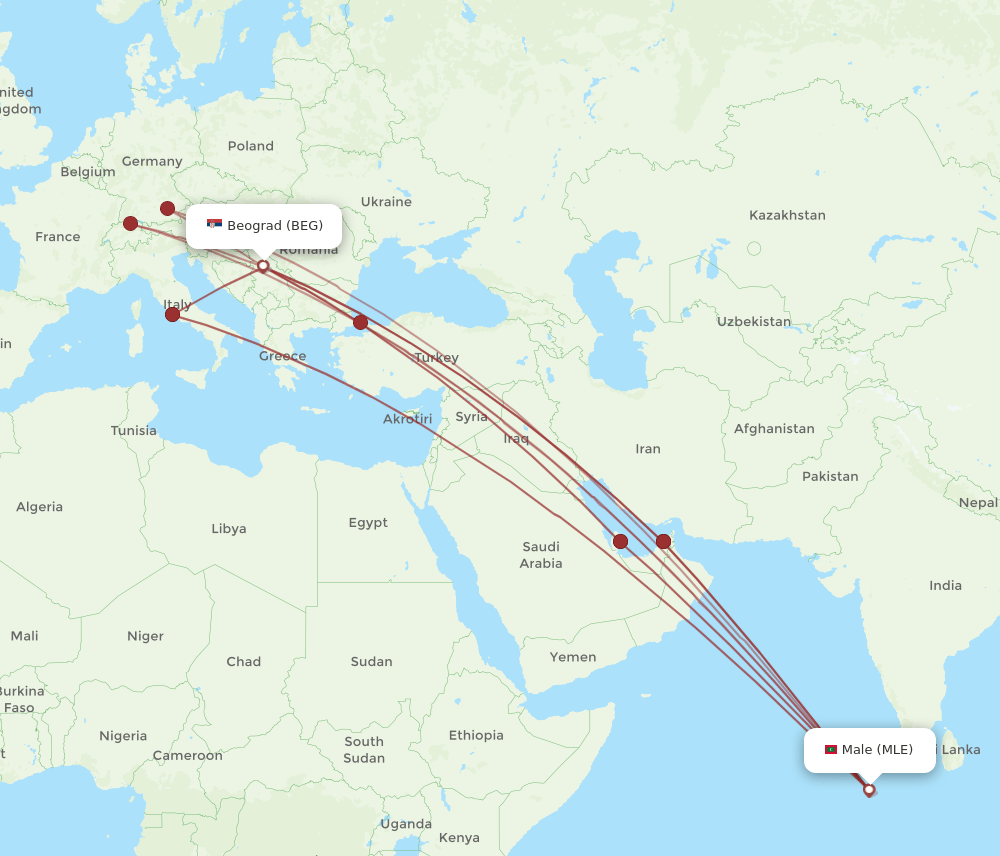 BEG to MLE flights and routes map