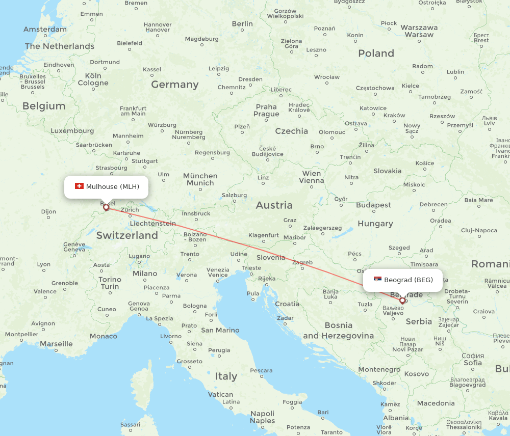 Belgrade - Mulhouse, France/Basel route map and flight paths
