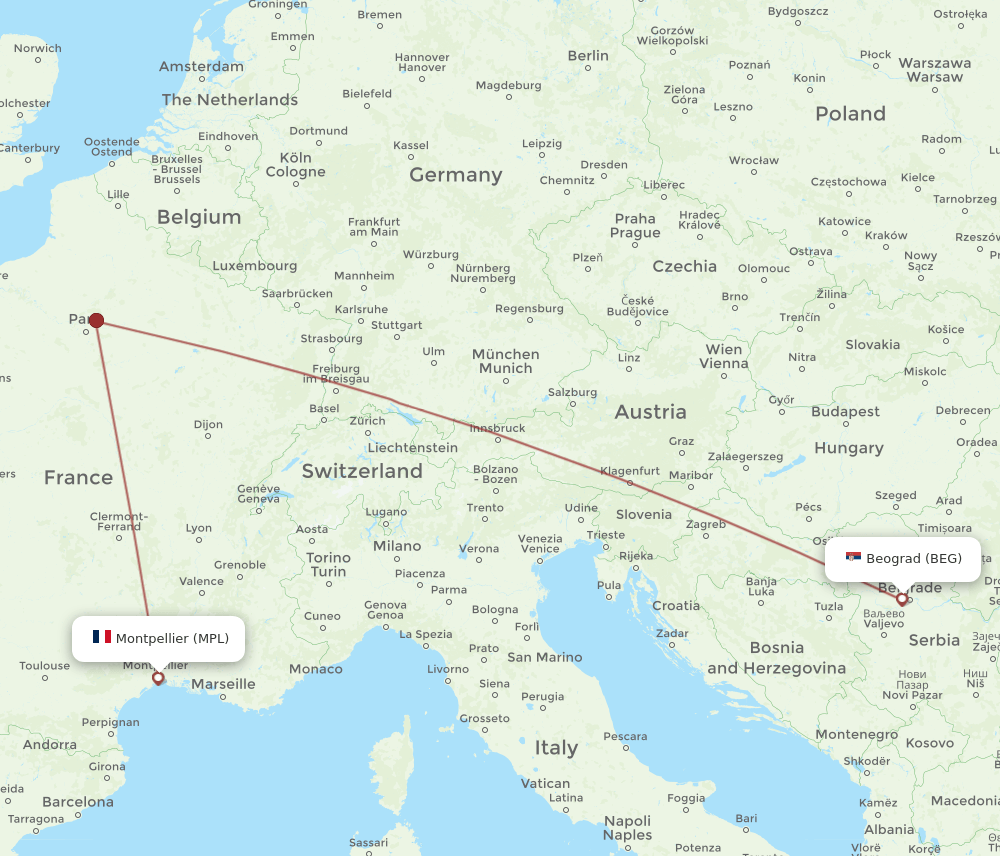 BEG to MPL flights and routes map