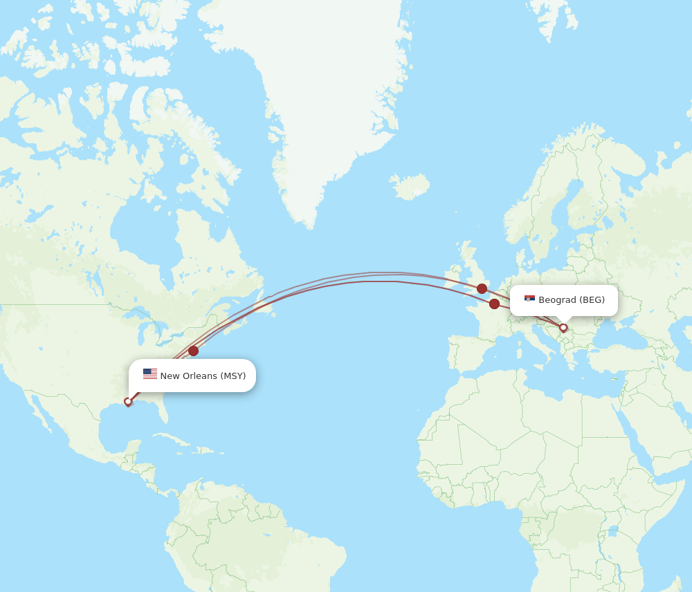 BEG to MSY flights and routes map
