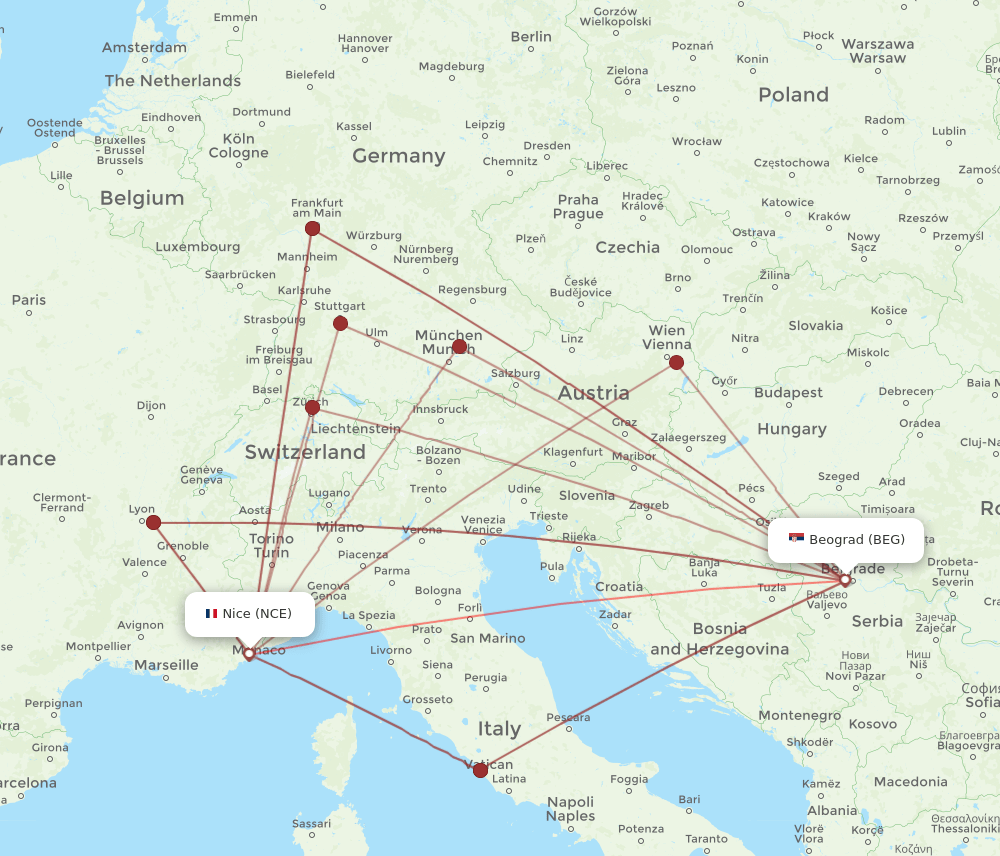 BEG-NCE flight routes
