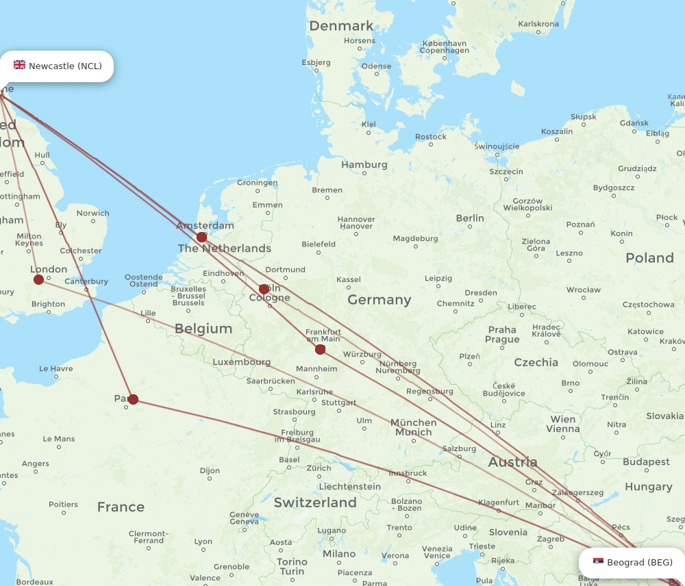 BEG-NCL flight routes