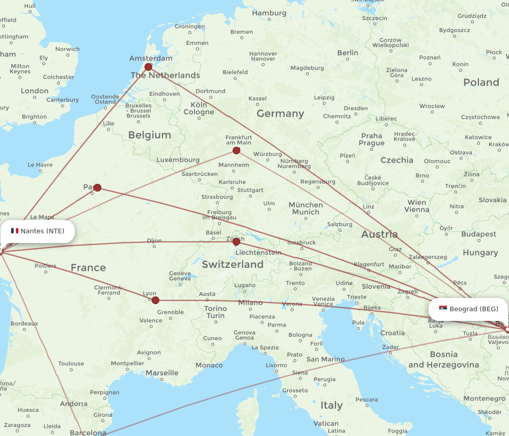BEG-NTE flight routes