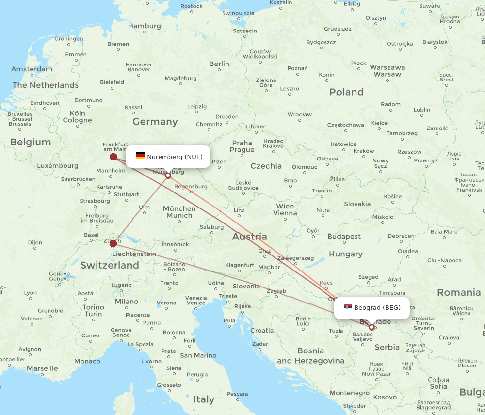 BEG to NUE flights and routes map