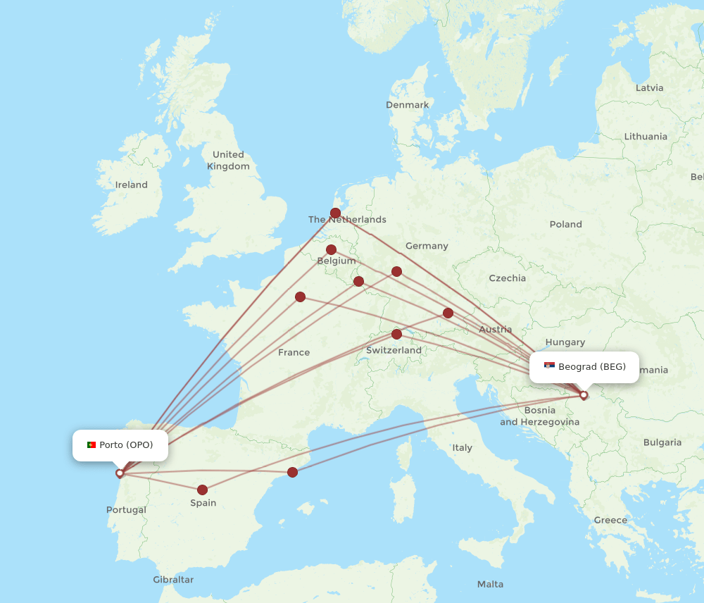 BEG-OPO flight routes