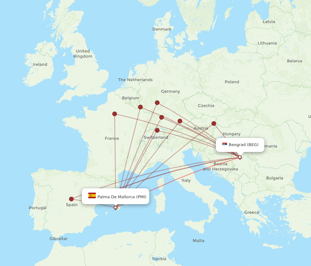 BEG to PMI flights and routes map