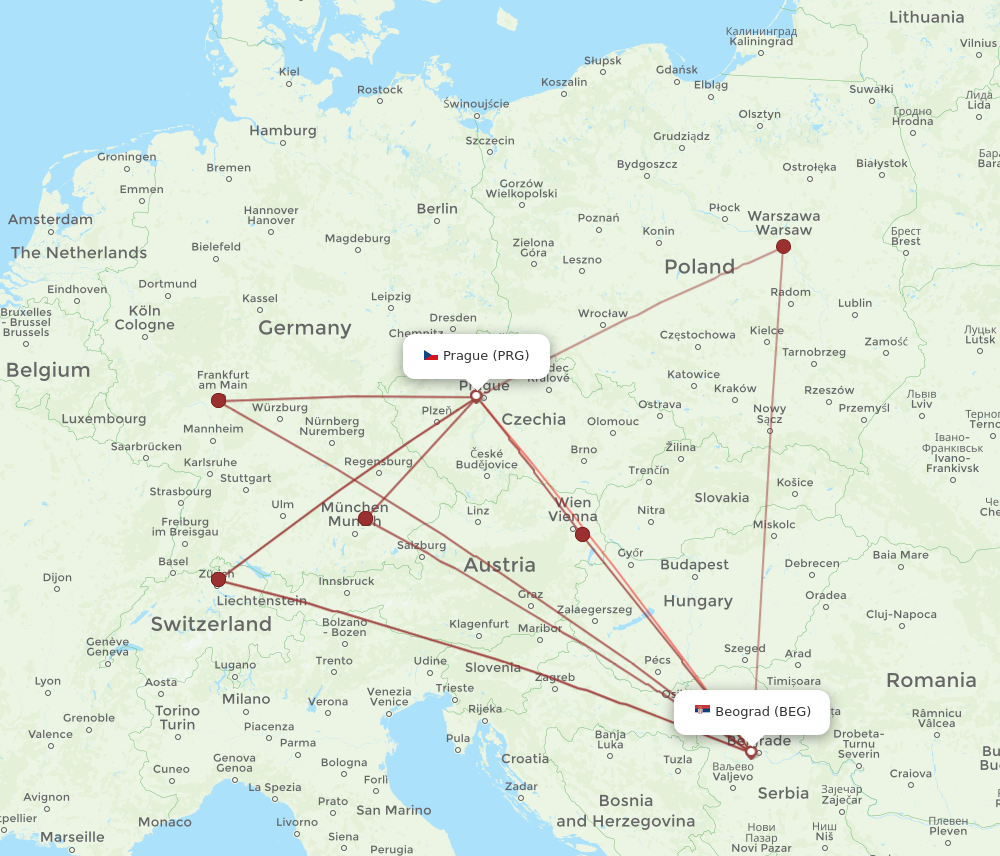 BEG to PRG flights and routes map