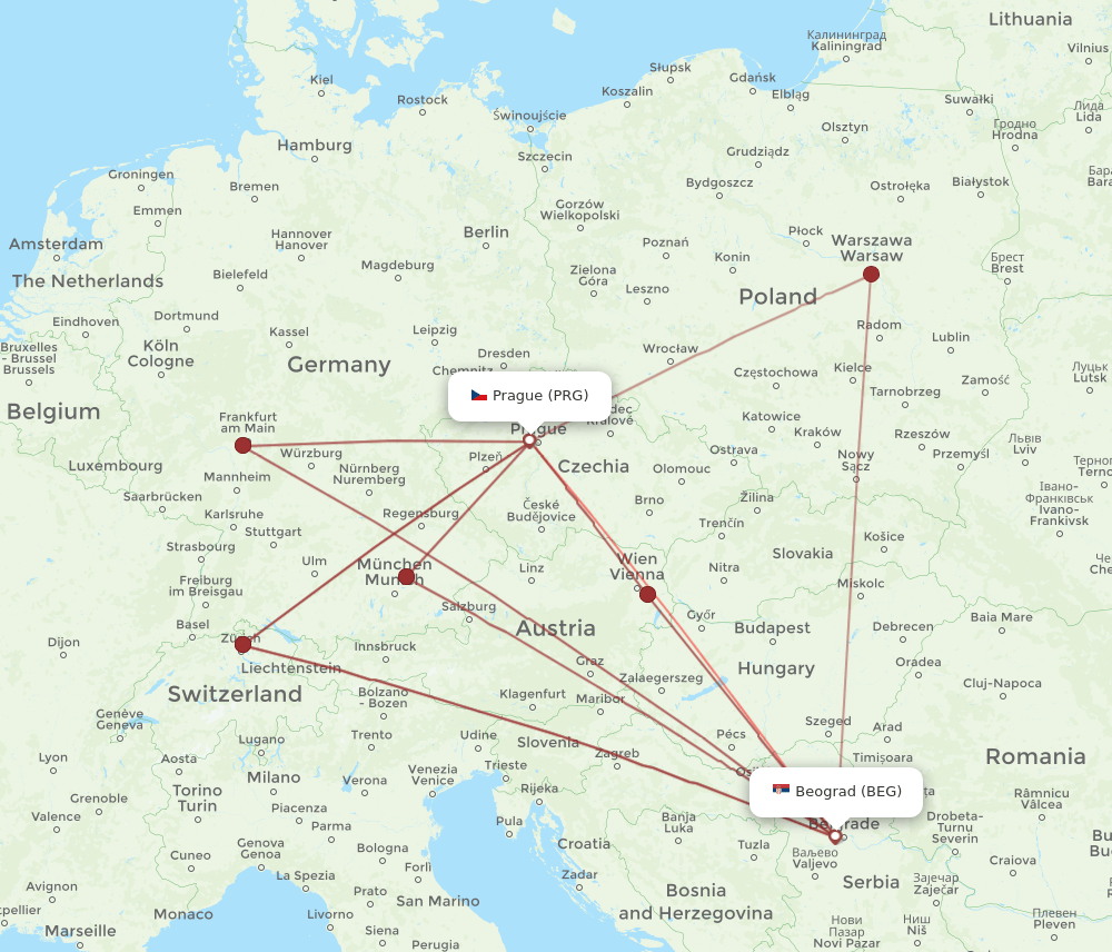 BEG-PRG flight routes