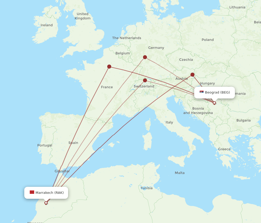 BEG-RAK flight routes