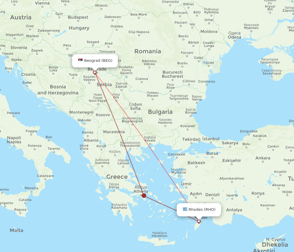 BEG to RHO flights and routes map