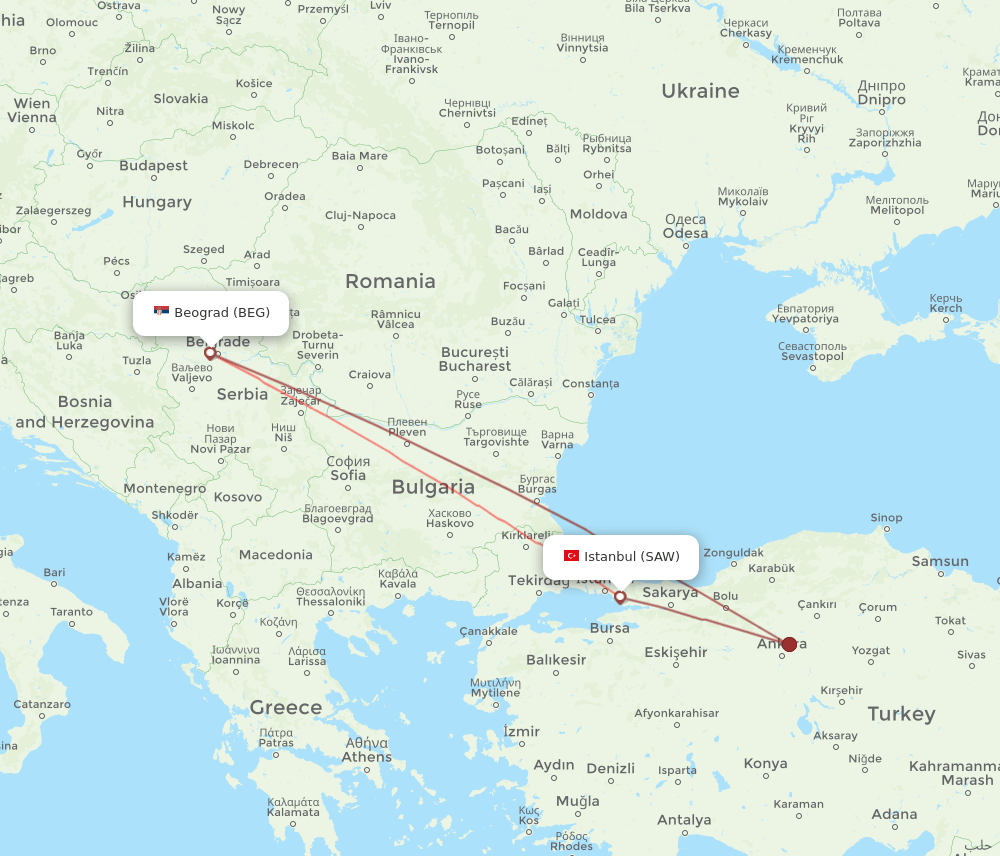 BEG to SAW flights and routes map