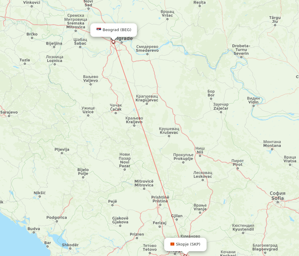 Belgrade - Skopje route map and flight paths