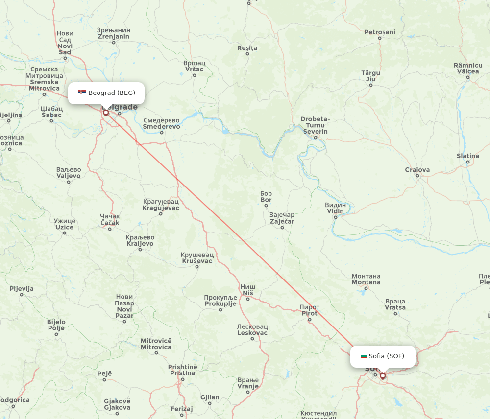 Belgrade - Sofia route map and flight paths
