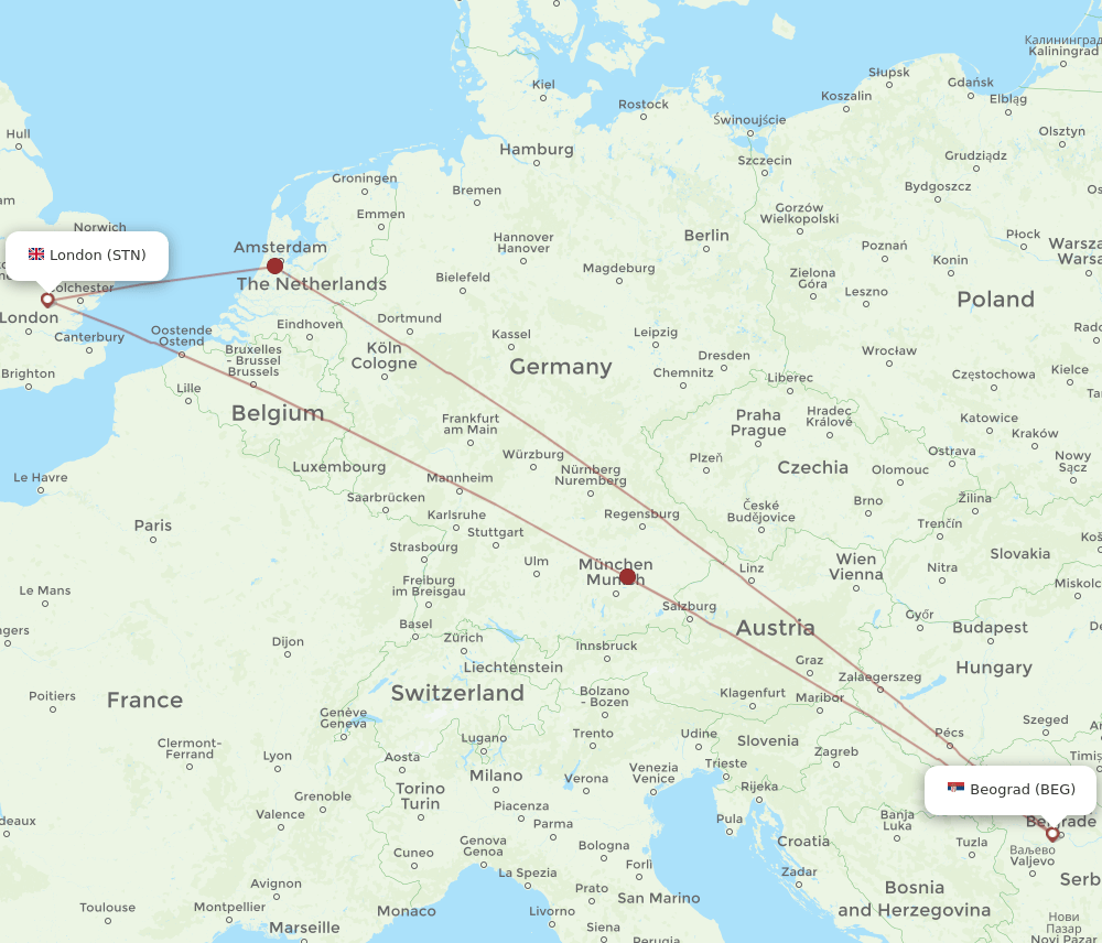 BEG-STN flight routes
