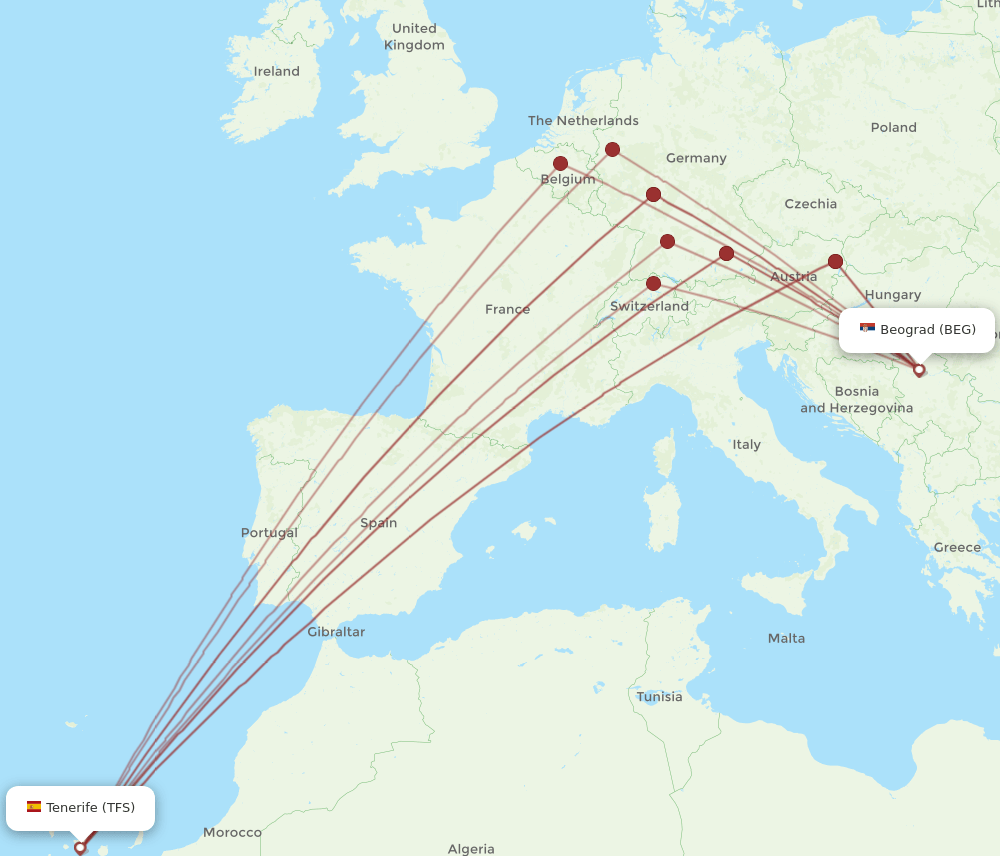 BEG-TFS flight routes
