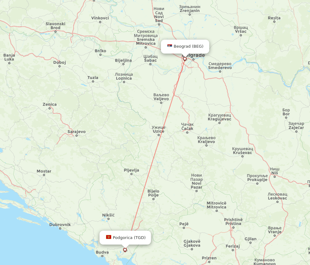 BEG to TGD flights and routes map