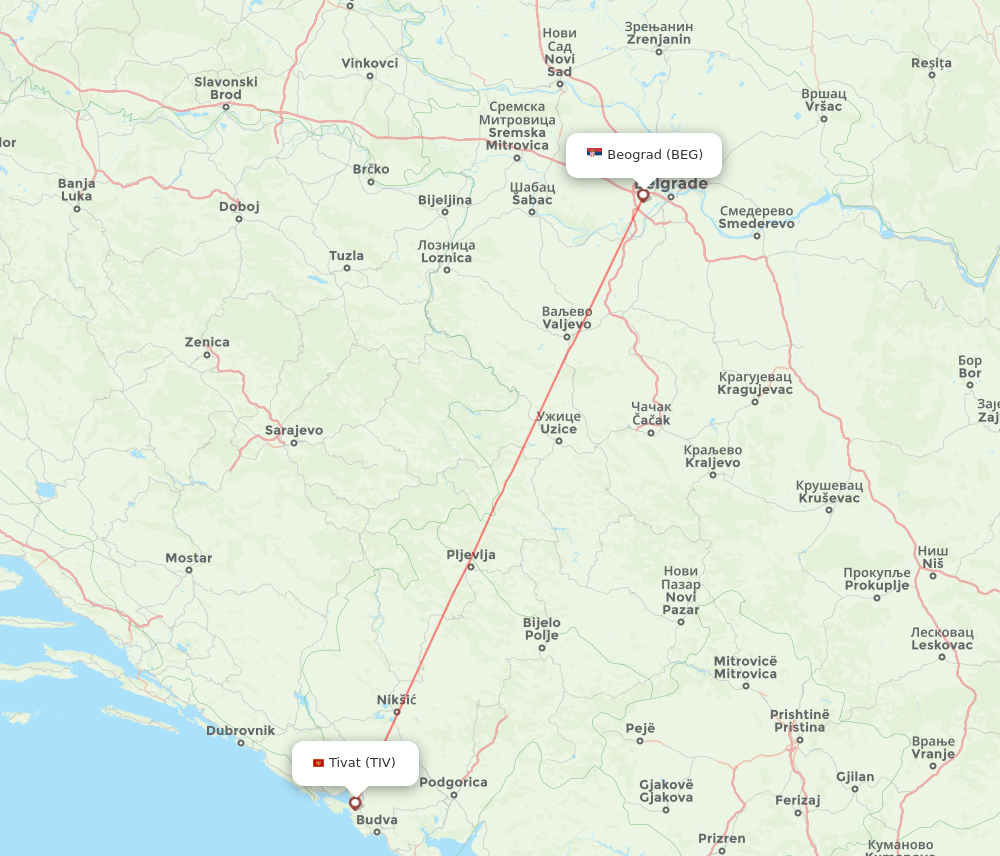 BEG to TIV flights and routes map