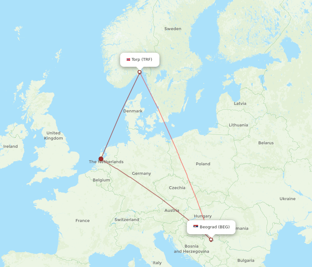 BEG-TRF flight routes