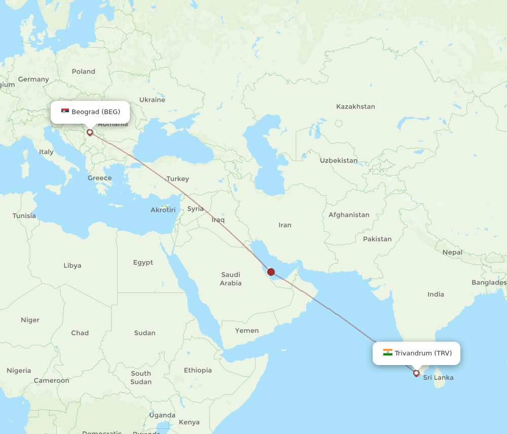 BEG to TRV flights and routes map