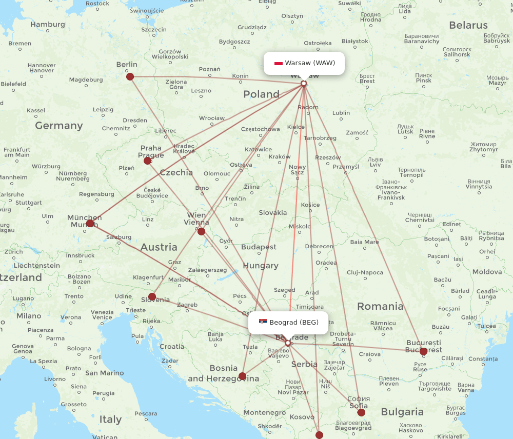 BEG to WAW flights and routes map