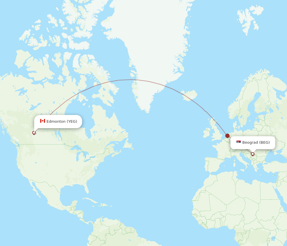 Edmonton - Belgrade route map and flight paths