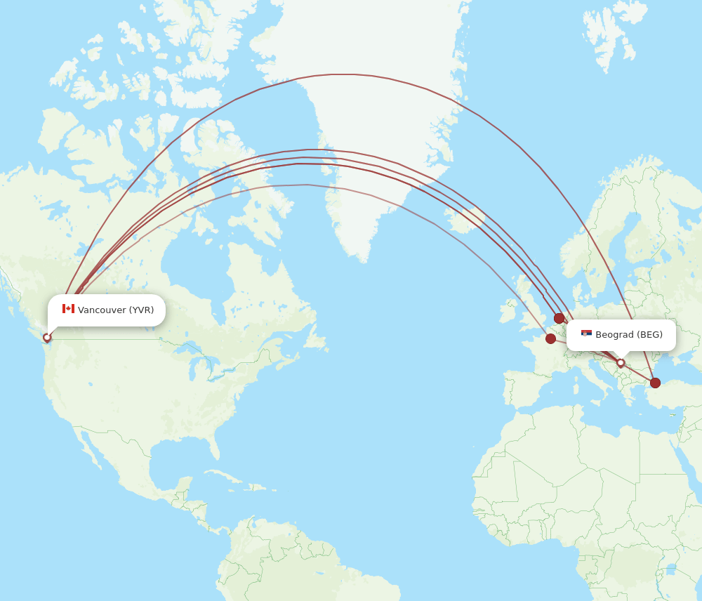 Vancouver - Belgrade route map and flight paths