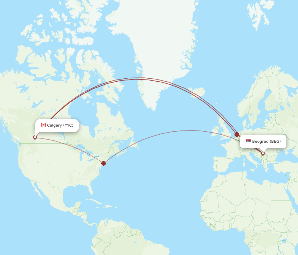 Calgary - Belgrade route map and flight paths