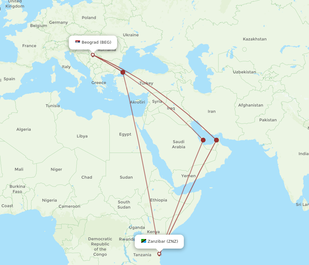 BEG-ZNZ flight routes