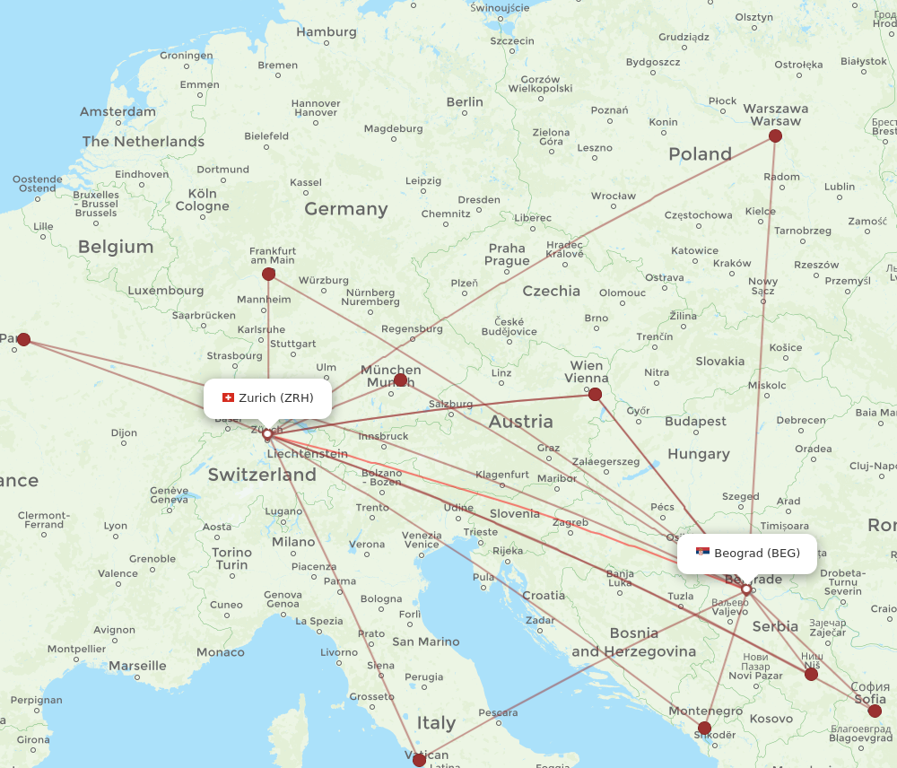 BEG to ZRH flights and routes map