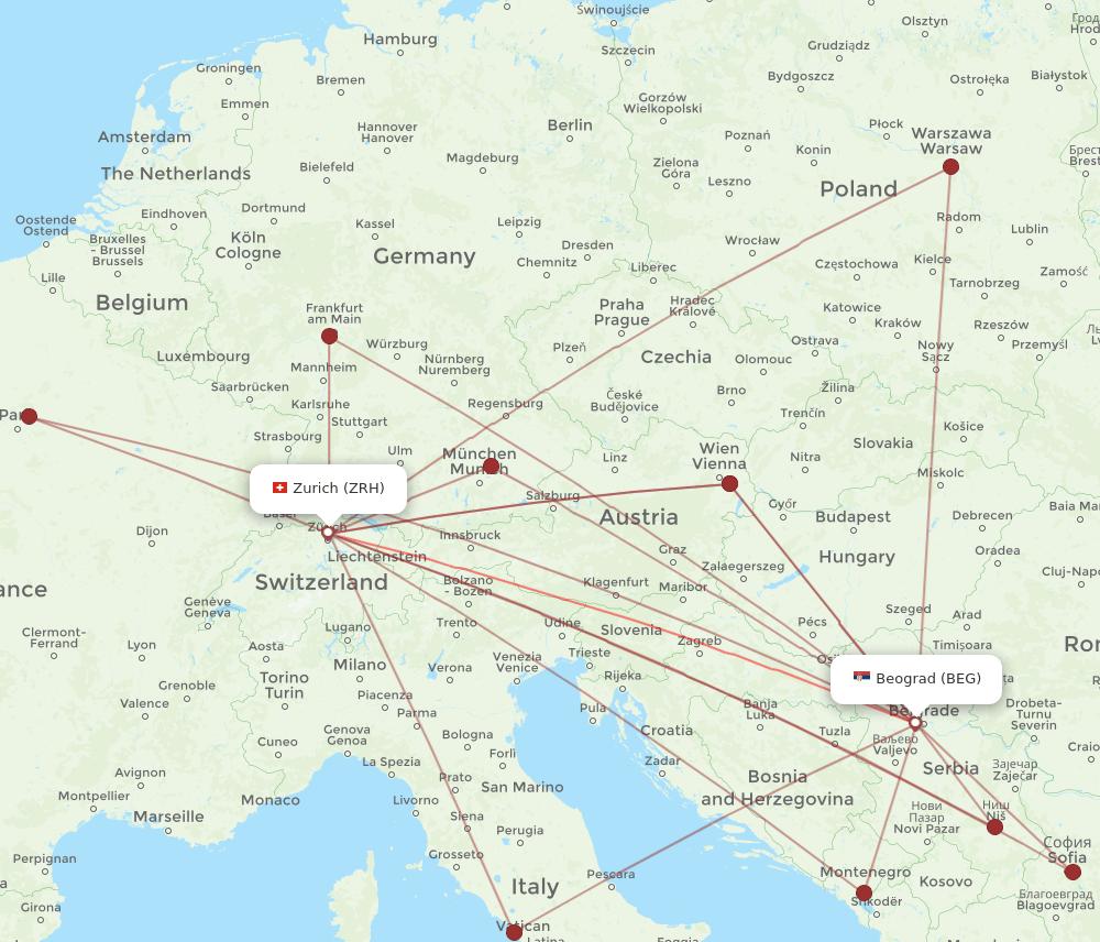 BEG-ZRH flight routes