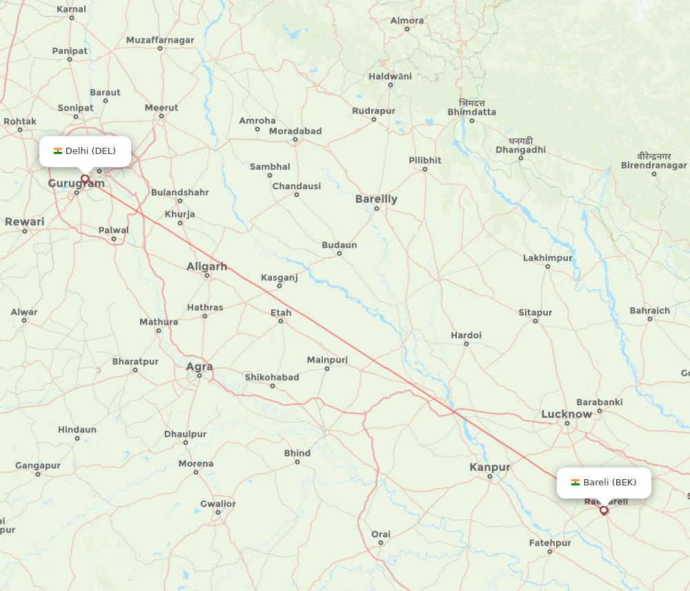 BEK to DEL flights and routes map