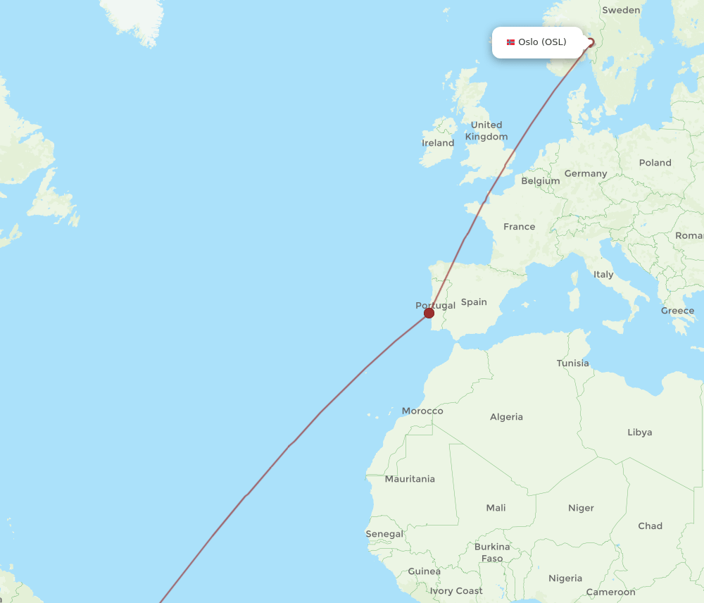 Oslo - Belem route map and flight paths