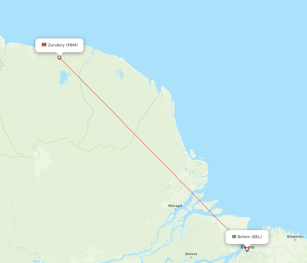 Belem - Paramaribo route map and flight paths