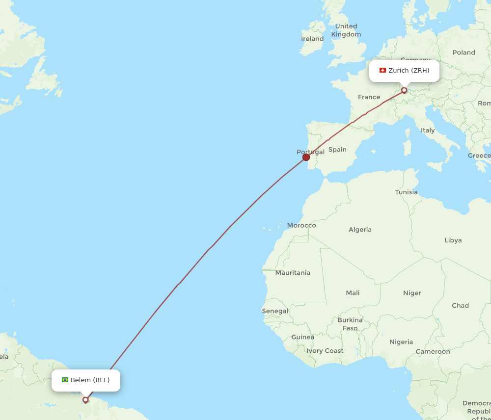 Zurich - Belem route map and flight paths