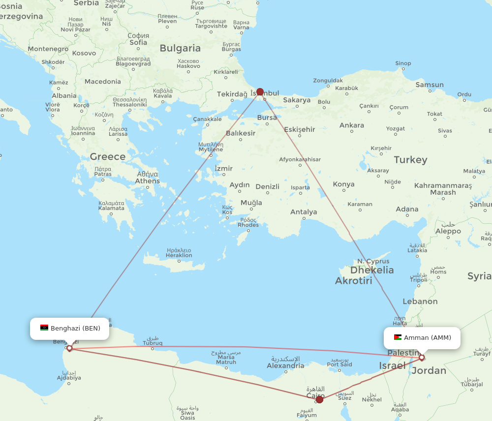 BEN to AMM flights and routes map