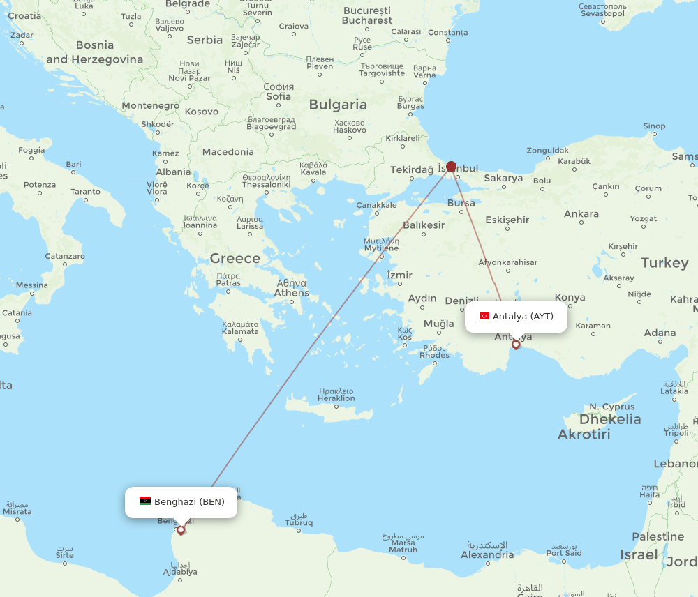 BEN to AYT flights and routes map
