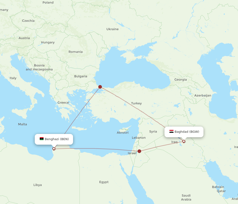 BEN-BGW flight routes