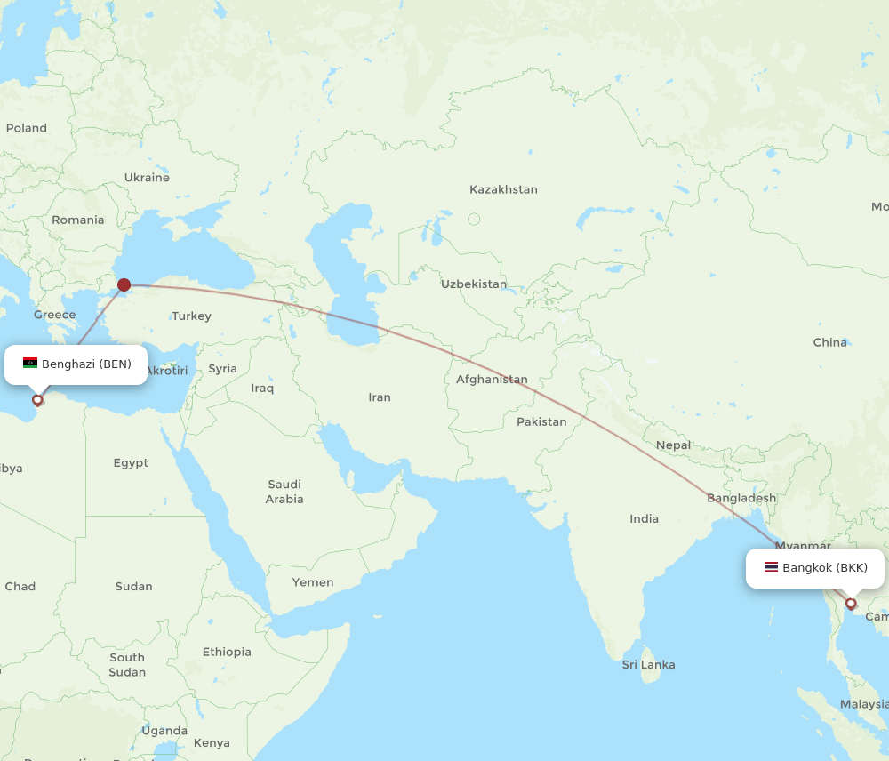 Bangkok - Benghazi route map and flight paths