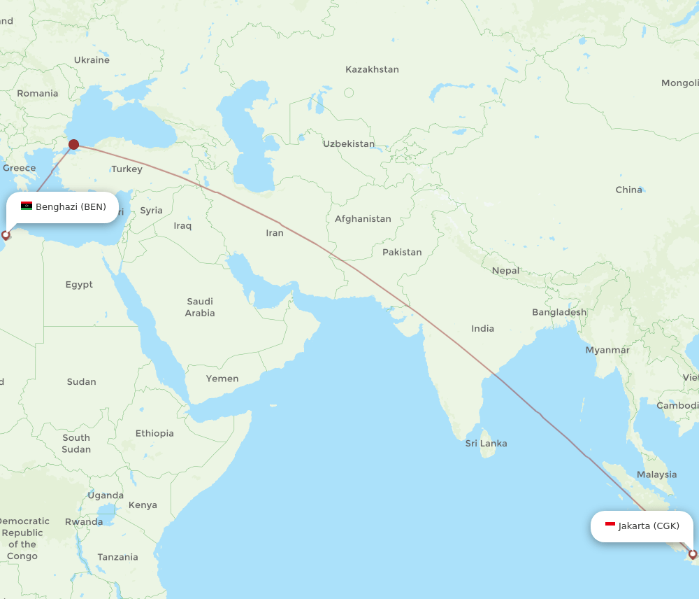 CGK to BEN flights and routes map