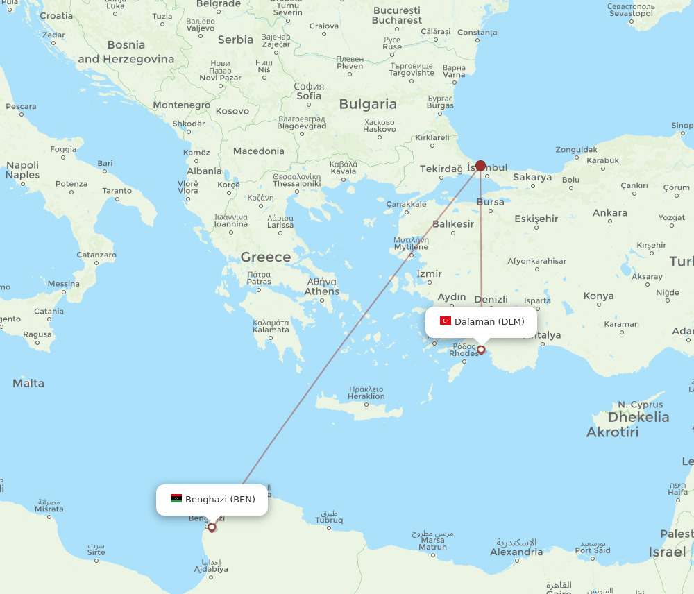 BEN to DLM flights and routes map