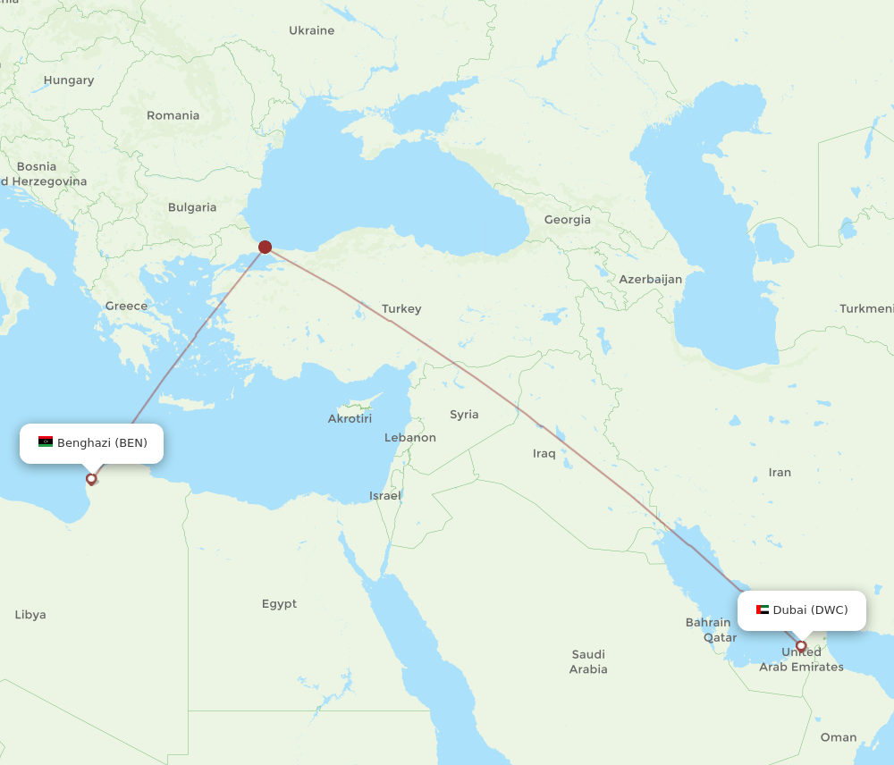 Benghazi - Dubai route map and flight paths