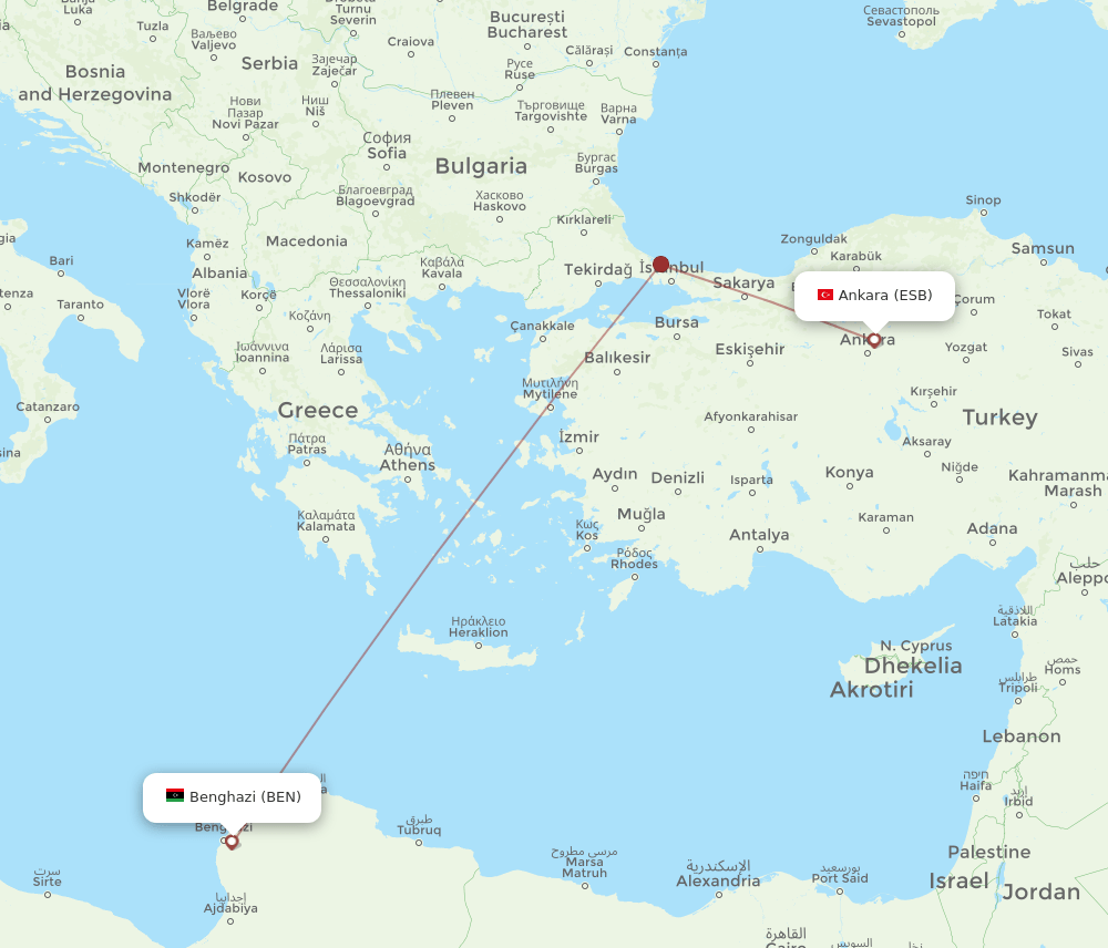 BEN to ESB flights and routes map