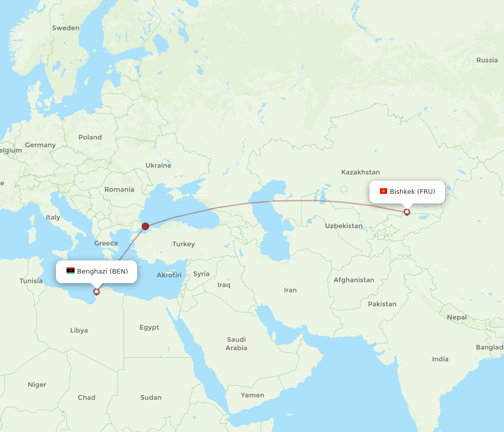 Bishkek - Benghazi route map and flight paths