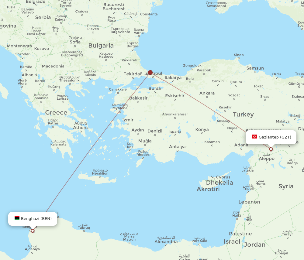 BEN to GZT flights and routes map
